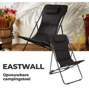 EASTWALL strandstoel – opvouwbare campingstoel – comfortabele visstoel – zwart metalen vouwstoel - L82xB56xH93cm – draagvermogen tot 110kg