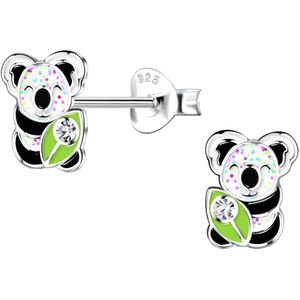 Joy|S - Zilveren koala oorbellen - 6 x 8 mm - zwart wit glitter met groen bamboe blad - kristal - kinderoorbellen