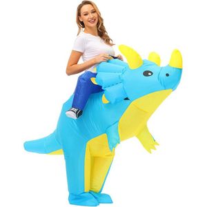 KIMU® Opblaas Kostuum Triceratops Blauw - Opblaasbaar Pak - Dinopak Mascotte Opblaaspak - Opblaasbare Dino Dinosaurus Dames Heren Festival
