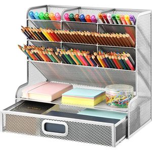 Bureau Organizer - Mesh Multifunctionele Penhouder - Opbergrek School Thuiskantoor - Kunstbenodigdheden (Zilver met Lade 10 * 21 * 27)