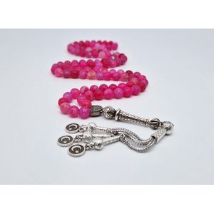 Handgemaakte tesbih ""Tasbih"" natuursteen ""Banded Agaat Magenta roze"" - Aantal kralen 99 - Diameter kralen 8MM - met metaal tassel ""Vlag van Turkije"" - Een mooi cadeau-idee