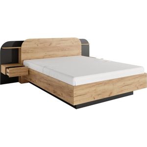 Bed met nachtkastjes 160 x 200 cm - Met ledverlichting - Kleur: naturel en zwart - JUVISIA L 249 cm x H 95 cm x D 223 cm