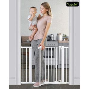 Uitschuifbaar Veiligheidshek - Pressure Fit - Traphekje voor Baby's en Honden - Automatische Sluiting - Metal White - 77 cm Breed - 75-84cm