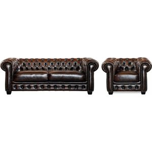 Vente-unique Driezitsbank en fauteuil Chesterfield BRENTON 100% buffelleer - bruin tinten