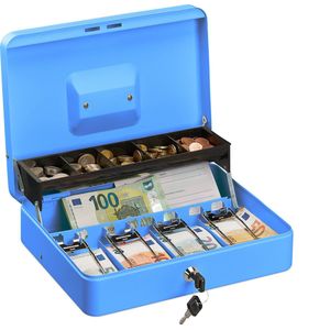geldkistje met slot - sleutel - ijzer - 8,5 x 30,5 x 24,5 cm - voor munten en briefgeld - blauw