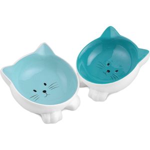 Navaris voerbakjes voor katten - Set van 2 voer- en waterbakken - Etensbak van keramiek - Met antislip voetjes - Kattenvorm - Blauw