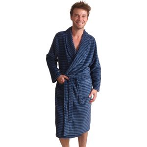 Blauwe badjas heren - blokjes - fleece - warme badjas - zacht - cadeau voor hem - maat XXL