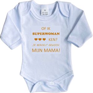 La Petite Couronne Romper Lange Mouw ""Of ik Superwoman ken Je bedoelt gewoon mijn mama"" Unisex Katoen Wit/tan Maat 62