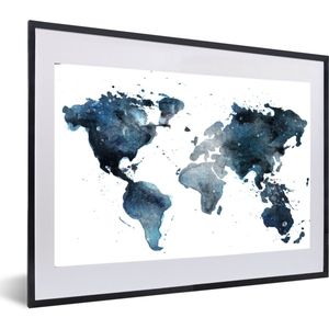 Fotolijst incl. Poster - Wereldkaart - Blauw - Abstract - 60x40 cm - Posterlijst