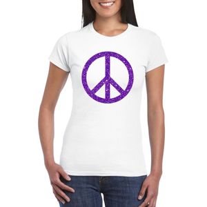 Toppers Wit Flower Power t-shirt paarse glitter peace teken dames - Sixties/jaren 60 kleding L