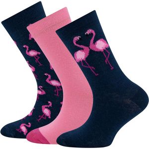 Ewers Sokken - 3-Pack - Donkerblauw & Roze Flamingo's - Effen Roze & Donkerroze-35/38