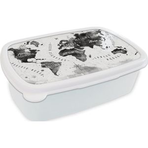 Broodtrommel Wit - Lunchbox - Brooddoos - Wereldkaart - Waterverf - Zwart - Wit - 18x12x6 cm - Volwassenen