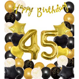 Snoes Ballonnen 45 Jaar Black Gold Dots Mega Ballon - Compleet Feestpakket Goud Zwart Stippen Cijferballon 45 - Verjaardag Versiering DIY Slinger Happy Birthday – Folieballon – Latex Ballonnen - Helium Ballonnen