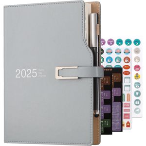 Famanu Academische agenda 2025, A5, dag per pagina, planningsorganizer met kalenderstickers, agendaplanner met penhouder en pen, hoogwaardig dikker papier,14 cm x 21,5 cm (blauw)