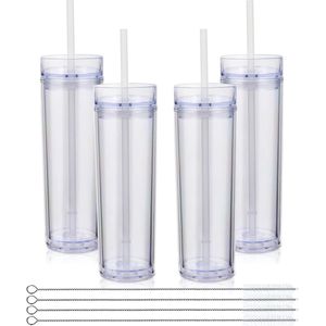 16oz Plastic Skinny Tumbler Met Deksel en Stro - Bulk 4 Pack - Geïsoleerde Dubbelwandige - BPA Vrije - Matte Acryl Tumblers - Iced Coffee Travel Mok - Herbruikbare Party Cup - Aanpasbare Doe-het-zelf