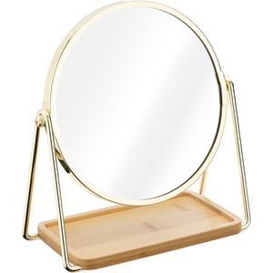 make-up spiegel met sieradentray - Tafelspiegel met opbergruimte voor sieraden - Staande cosmetische spiegel met 2x vergroting - Goudkleurig