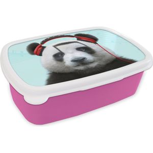 Broodtrommel Roze - Lunchbox - Brooddoos - Panda - Koptelefoon - Dier - Muzieknoten - Rood - 18x12x6 cm - Kinderen - Meisje