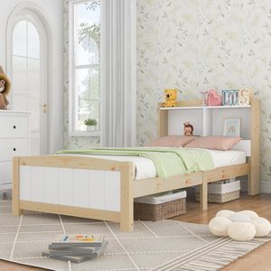 Sweiko Massief houten eenpersoonsbed Opslag hoofdbord Bed,90 x 200 cm Bed frame met lattenbod Houten bed met hoofdbord, Kinderbed Jeugdbed Pine massief Natuurlijk en Wit (Zonder matras en lades)