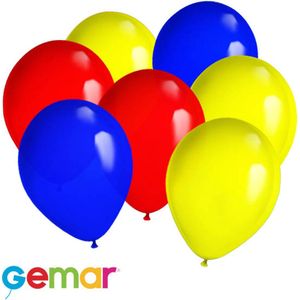30 ballonnen Blauw, Rood en Geel (Ook geschikt voor Helium)