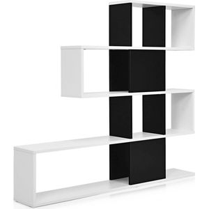 Ladder Boekenkast met 5 planken en deuren, decoratieve houten planken voor woonkamer en kantoor (zwart en wit)