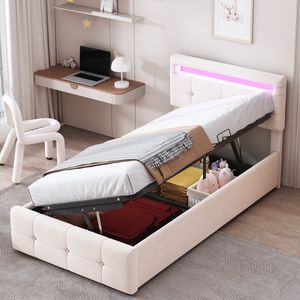 Merax Gestoffeerd Kinderbed 90x200 cm met LED-Verlichting en Verstelbaar Hoofdbord - Luxe Velvet Eenpersoonsbed met Hydraulisch Lattenbodem voor Opbergruimte - Beige