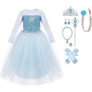 Prinsessenjurk meisje - Elsa jurk - Het Betere Merk - Prinsessenkroon - 116/122(130) - Toverstaf - Lange Prinsessenhandschoenen - Haarvlecht - Juwelen - Prinsessen speelgoed - Kleed - Carnavalskleding meisje