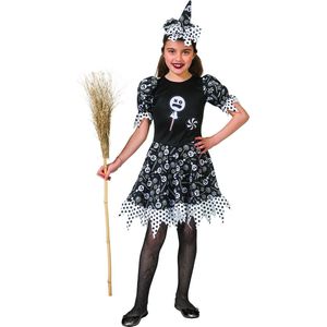 Funny Fashion - Heks & Spider Lady & Voodoo & Duistere Religie Kostuum - Verleidelijke Snoep Heks Enge Lollies - Meisje - - Maat 104 - Halloween - Verkleedkleding