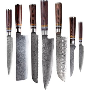 Shinrai Japan - Messenset - 7 delig - Koksmes - Japanse Messen - Mes - Micarta Jewels Damascus - Met Luxe Geschenkdoos