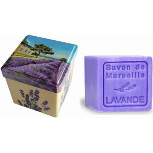 Metalen zeepblik vierkant met opdruk Vue Provence met zeepblok Lavendel – Vintage voorraadblik – Franse handzeep – Marseille zeep Marseillezeep