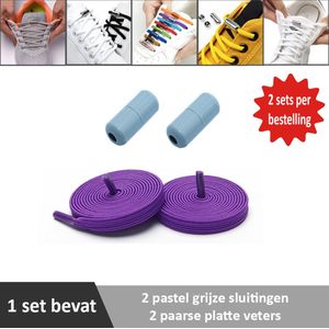 2 paar paarse platte elastische veters met pastel grijze sluitingen. Je hoeft voortaan nooit meer je veters te strikken.