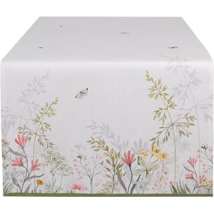 Clayre & Eef Tafelloper 50x140 cm Wit Katoen Bloemen