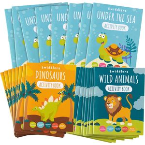 THE TWIDDLERS 24 Mini Activiteiten & Kleurboeken voor Kinderen - Dinosaurussen, Wilde Dieren, Onderwaterdieren - Bruiloften, Verjaardagen, Uitdeelcadeautjes, Traktaties, Weggeef Cadeautjes