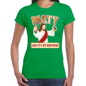 Fout kerst t-shirt groen - party Jezus - Party like its my birthday voor dames - kerstkleding / christmas outfit XS