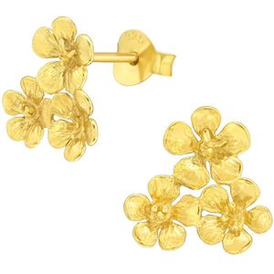 Joy|S - Zilveren bloem oorbellen - 12 mm - 3 bloemen oorknoppen - 14k goudplating