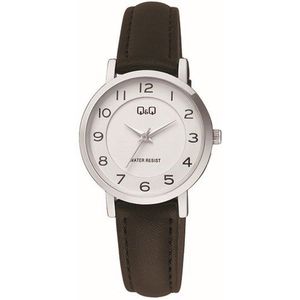 Q&Q C60A-002PY - Horloge - Analoog - Vrouwen - Dames - Leren band - Rond - Metaal - Cijfers - Zwart - Zilverkleurig - Wit - 3 ATM