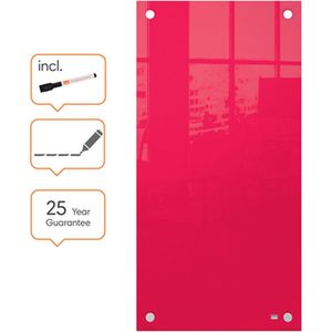 Nobo Klein, Glazen Verticaal Whiteboard - Droog Uitwisbaar, Frameloos, Hoekmontage - 300 x 600 Millimeter - Inclusief Marker - Rood