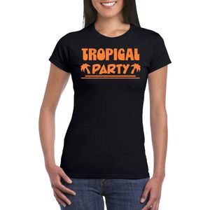 Toppers - Bellatio Decorations Tropical party T-shirt dames - met glitters - zwart/oranje -carnaval/themafeest L