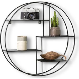 LIFA LIVING Wandrek Ronda - Wandplank Industrieel - Metaal - 4 Planken - Rond Kruidenrek - Zwart - Voor Keuken, Slaapkamer, Woonkamer - 55 x 11 x 55 cm