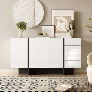 Pugsdrly Wit hoogglans dressoir, modern en eenvoudig dressoir met 2 deuren en 4 lades, gemakkelijk schoon te maken, ideaal voor de woonkamer of eetkamer