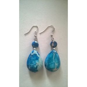 Gemstones-silver natuursteen oorhangers blauwe oceaan jaspis oorbellen druppel 3,5 cm lang 925 sterling zilver haken