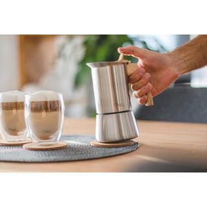 Espressomachine (2 Cup No Inductie) | 2, 4, 6, 9 kopjes | RVS mokkakan, espressokan, espresso maker set incl. onderzetter, lepel (handvat: houtlook, 2 kopjes (100 ml)
