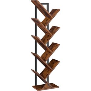 Hoobro Boekenkast - Boom Boekenplank - Staand - 9 lagen - Houten Dvd-Plank - Metalen Frame - Vintage Bruin - 20x34x116 cm