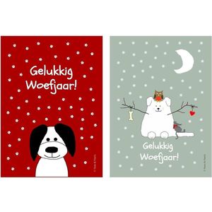 Kerst- en Nieuwjaarskaarten, 18 stuks, formaat postkaart, thema 'hond' en tekst 'Gelukkig Woefjaar!'.