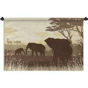 Wandkleed Afrika illustratie - Illustratie van Afrikaanse olifanten met antilopen Wandkleed katoen 180x120 cm - Wandtapijt met foto XXL / Groot formaat!
