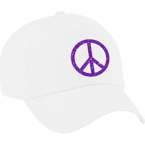 Peace teken paars glitter verkleed pet wit - volwassenen - Toppers