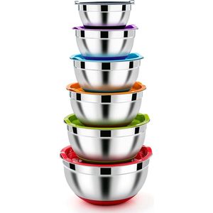 Mixing Bowl Set, Roestvrijstalen Saladeschaal, Set van 6 met Luchtdichte Deksel en Siliconen Basis, Stapelbaar, Vaatwasmachinebestendig, 4.6 L / 2.8 L / 2.5 L / 1.6 L / 1.5 L / 0.7 L
