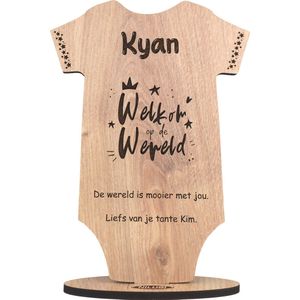 Romper baby - houten wenskaart - kaart van hout - geboorte - welkom op de wereld - gepersonaliseerd - 17.5 x 25 cm