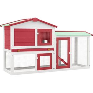 The Living Store Konijnenren - 145x45x85 cm - wit en rood - massief vurenhout - met verwijderbare schuiflade - UV- en weerbestendig asfaltdak