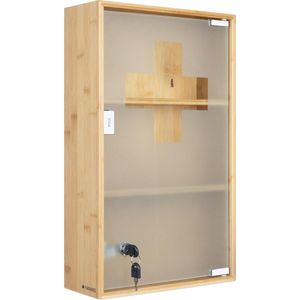 Navaris medicijnkastje van bamboe - Afsluitbaar kastje voor medicijnen - Wandkastje met slot - Badkamerkastje met deur van gehard glas