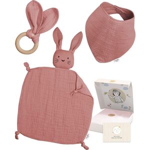 Gift Set - Comfort Blanket - Slabbetje - Bijtring - 100% Katoen - Mousseline Doek - Geschenken voor de geboorte - Baby Gift Boy - Dusky Pink